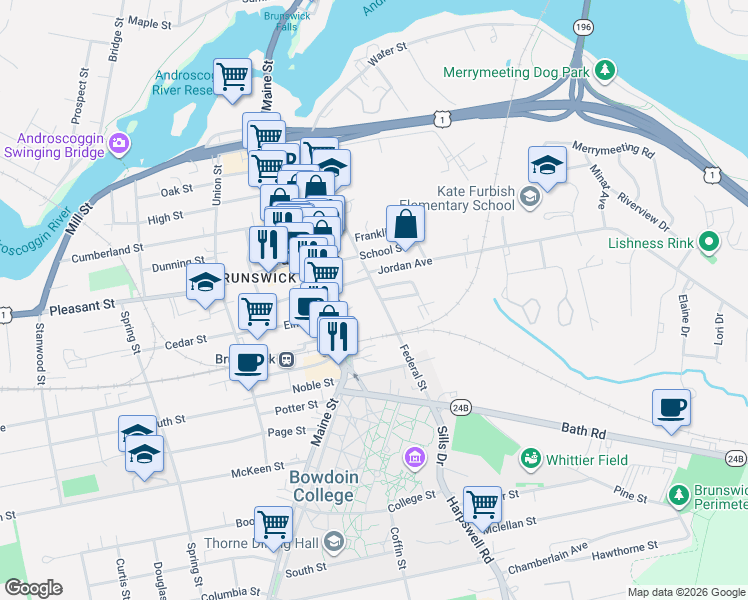 map of restaurants, bars, coffee shops, grocery stores, and more near 51 Federal Street in Brunswick