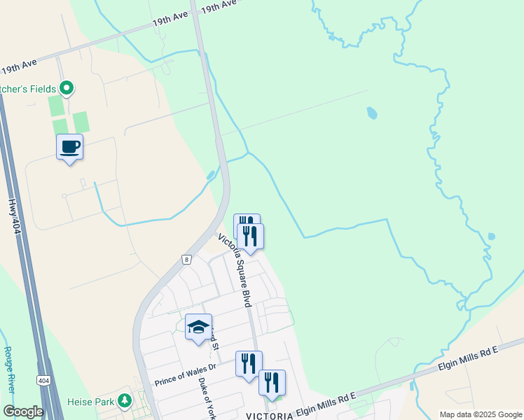 map of restaurants, bars, coffee shops, grocery stores, and more near 11139 Victoria Square Boulevard in Markham