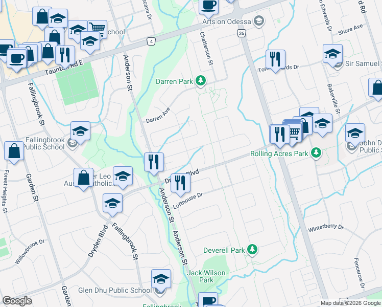 map of restaurants, bars, coffee shops, grocery stores, and more near 1 Morningstar Avenue in Whitby