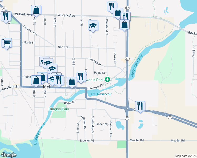 map of restaurants, bars, coffee shops, grocery stores, and more near 22 Fremont Street in Kiel