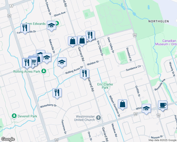 map of restaurants, bars, coffee shops, grocery stores, and more near 41 Sandford Crescent in Whitby