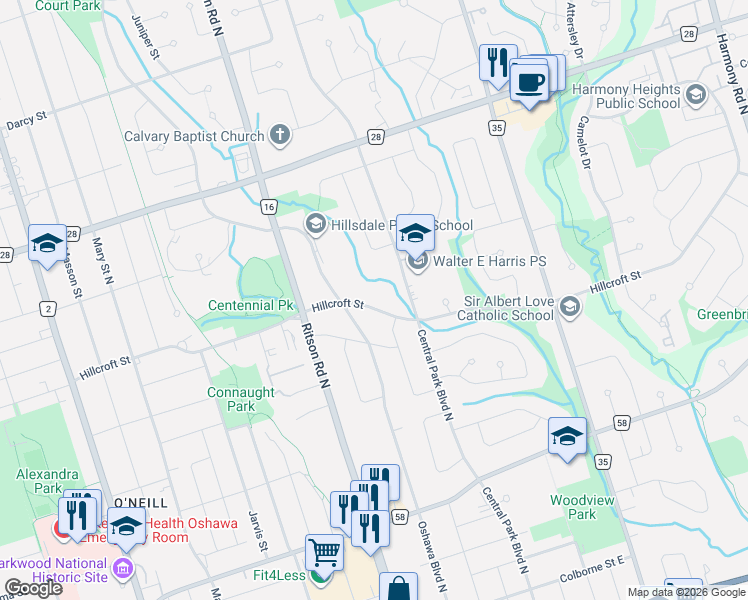 map of restaurants, bars, coffee shops, grocery stores, and more near 370 Hillcroft Street in Oshawa