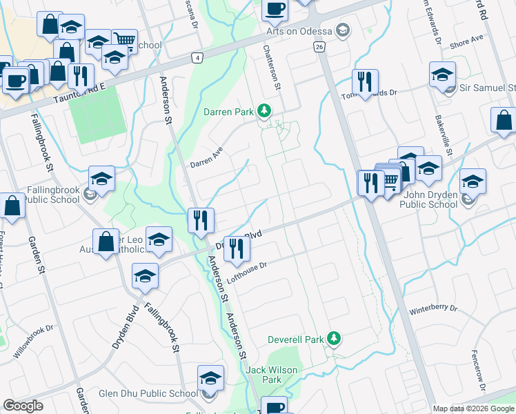 map of restaurants, bars, coffee shops, grocery stores, and more near 7 Morningstar Avenue in Whitby