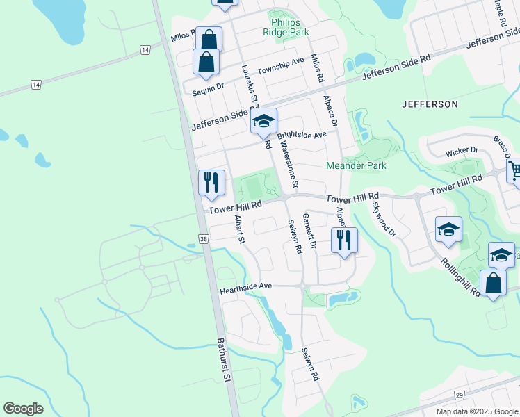 map of restaurants, bars, coffee shops, grocery stores, and more near 343 Tower Hill Road in Richmond Hill