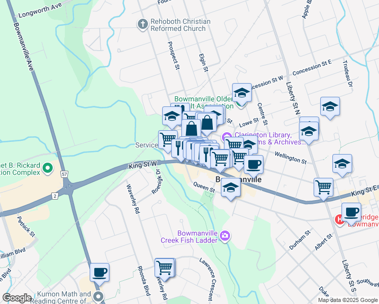 map of restaurants, bars, coffee shops, grocery stores, and more near 191 Church Street in Bowmanville