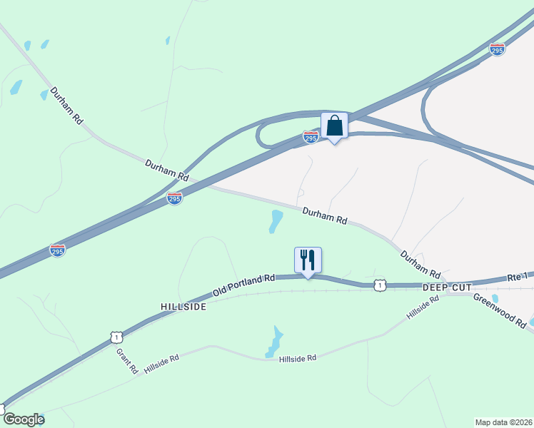 map of restaurants, bars, coffee shops, grocery stores, and more near 141 Durham Road in Brunswick