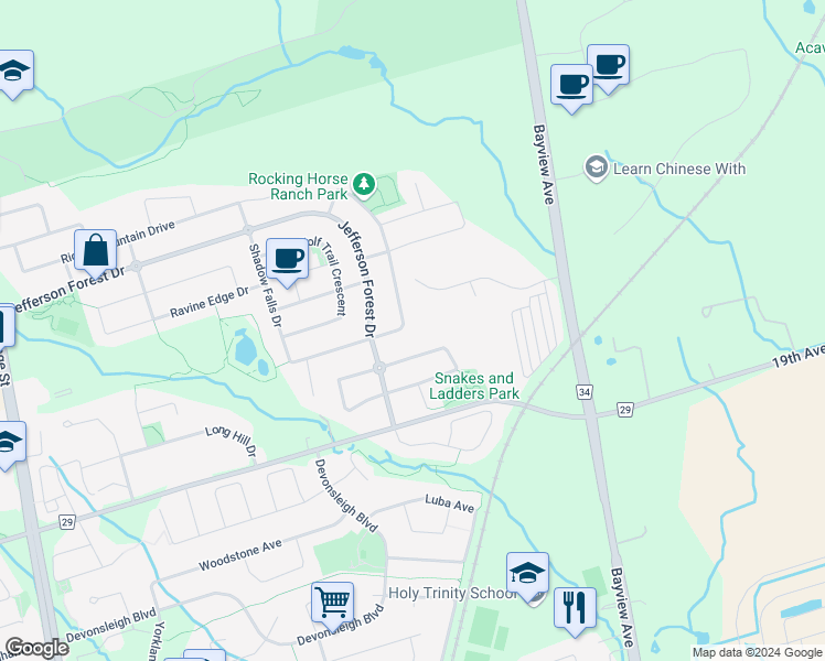 map of restaurants, bars, coffee shops, grocery stores, and more near 138 Shadow Falls Drive in Richmond Hill