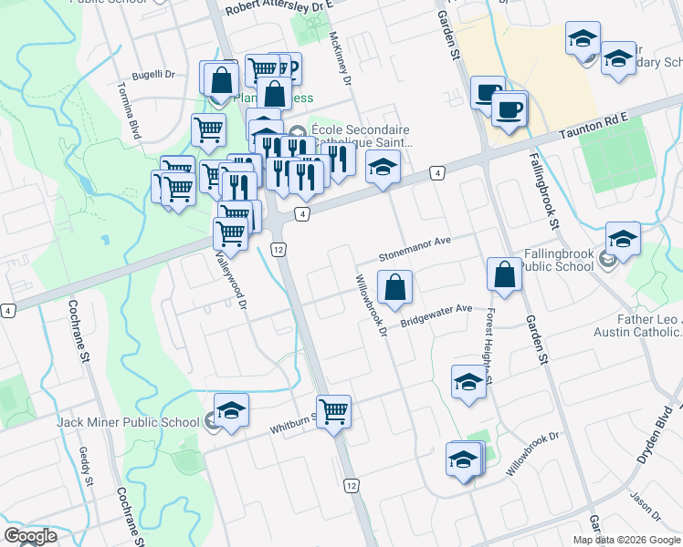 map of restaurants, bars, coffee shops, grocery stores, and more near 19 Hubbell Drive in Whitby