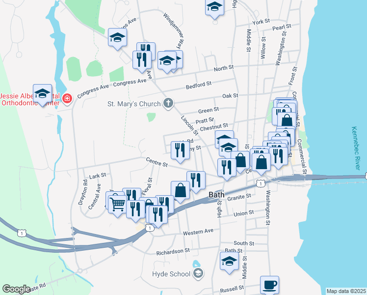 map of restaurants, bars, coffee shops, grocery stores, and more near 11 Cobb Road in Bath