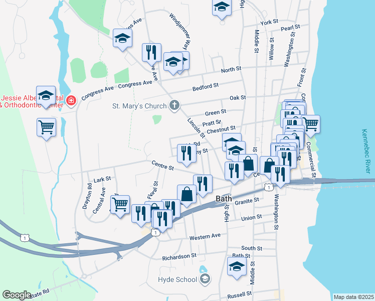 map of restaurants, bars, coffee shops, grocery stores, and more near 11 Cobb Road in Bath