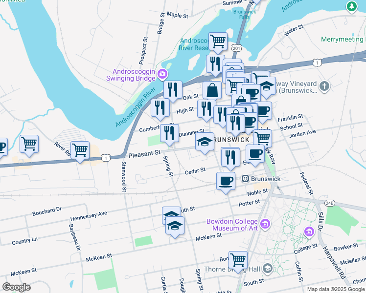 map of restaurants, bars, coffee shops, grocery stores, and more near 44 Pleasant Street in Brunswick