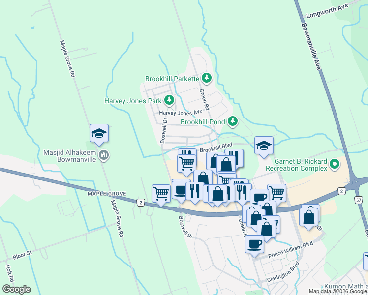 map of restaurants, bars, coffee shops, grocery stores, and more near 264 Brookhill Boulevard in Clarington