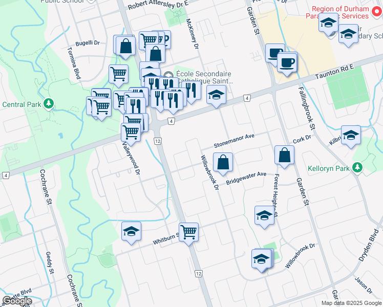 map of restaurants, bars, coffee shops, grocery stores, and more near 21 Hubbell Drive in Whitby