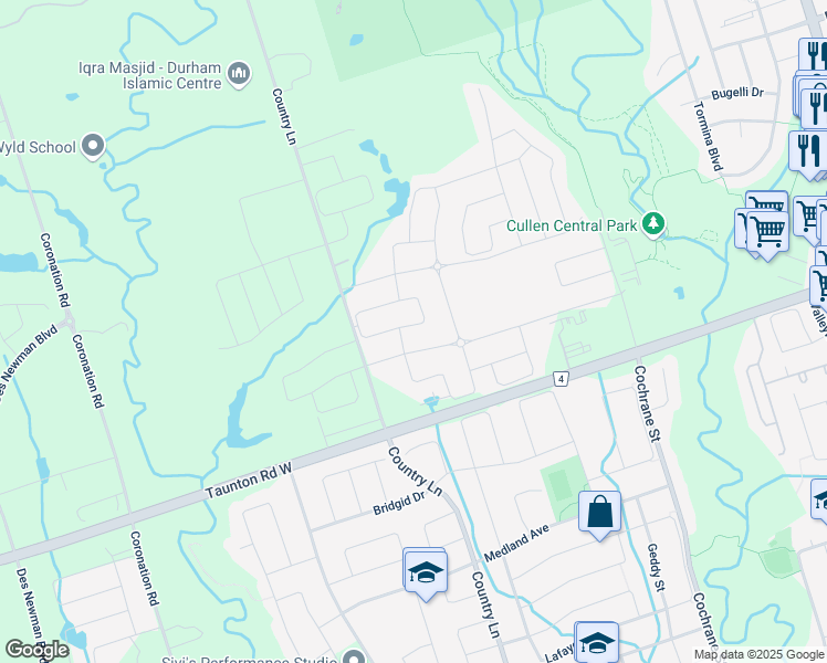 map of restaurants, bars, coffee shops, grocery stores, and more near 47 Brabin Circle in Whitby