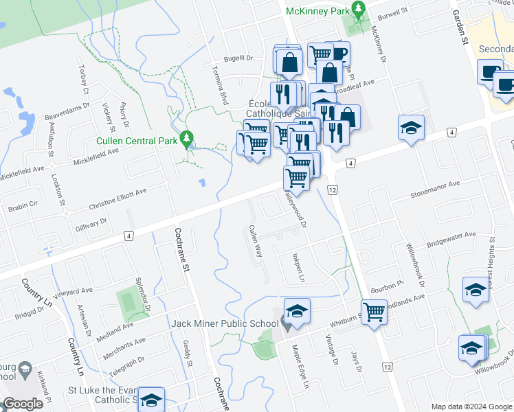 map of restaurants, bars, coffee shops, grocery stores, and more near 73 Pine Gate Place in Whitby