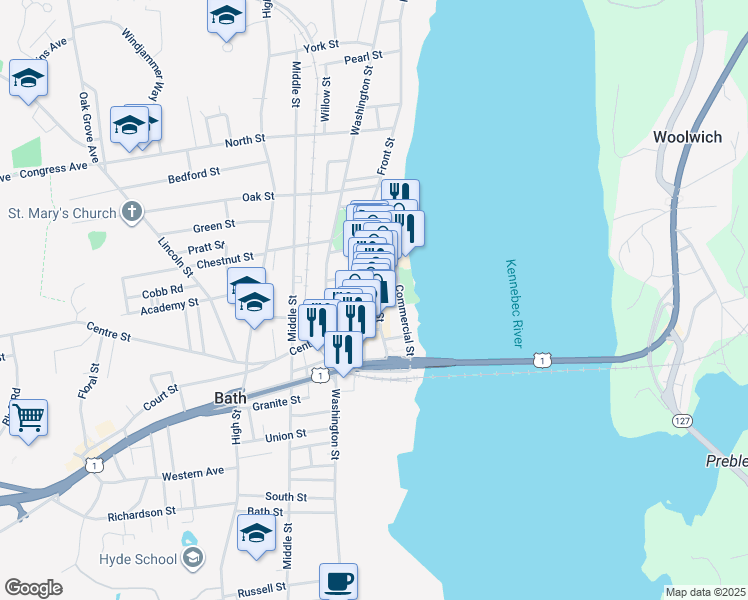 map of restaurants, bars, coffee shops, grocery stores, and more near 126 Front Street in Bath