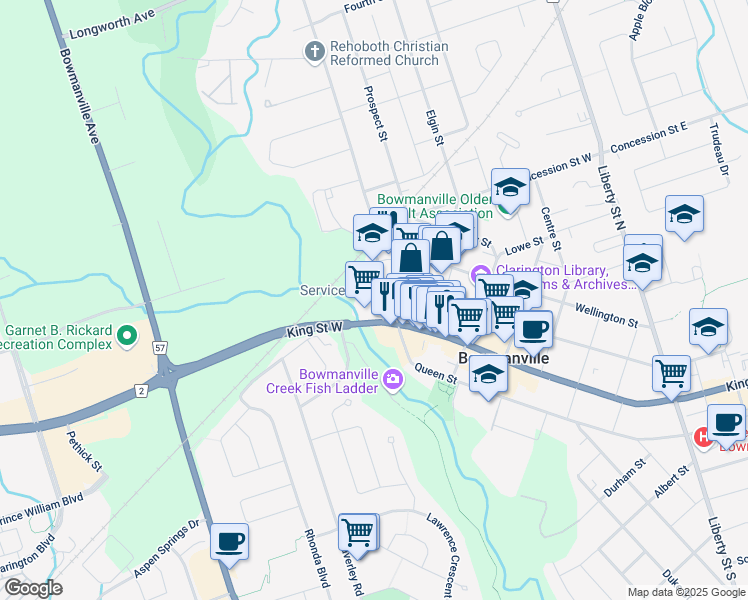 map of restaurants, bars, coffee shops, grocery stores, and more near 29 Scugog Street in Bowmanville
