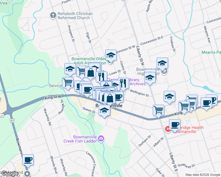 map of restaurants, bars, coffee shops, grocery stores, and more near 95 Wellington Street in Bowmanville