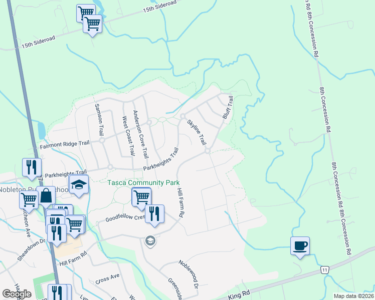 map of restaurants, bars, coffee shops, grocery stores, and more near 24 James Bowman Court in Nobleton