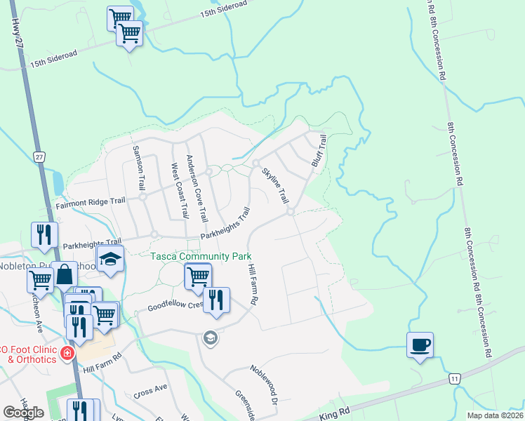 map of restaurants, bars, coffee shops, grocery stores, and more near 22 James Bowman Court in Nobleton
