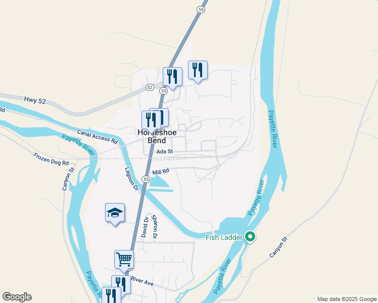 map of restaurants, bars, coffee shops, grocery stores, and more near 126 Ada Street in Horseshoe Bend