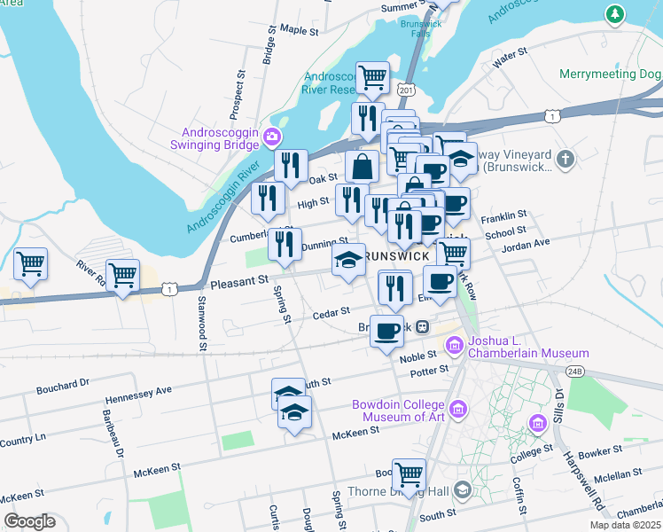 map of restaurants, bars, coffee shops, grocery stores, and more near 44 Pleasant Street in Brunswick
