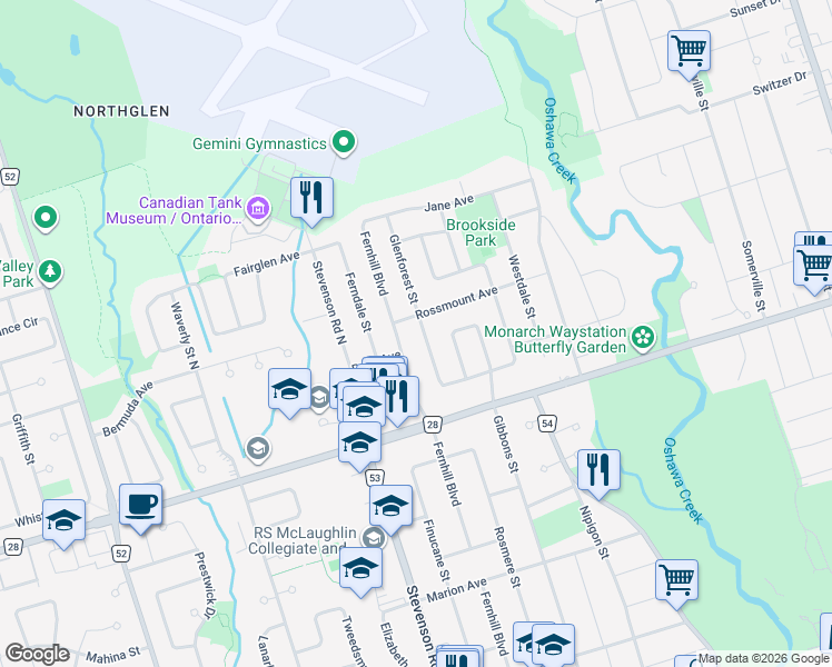 map of restaurants, bars, coffee shops, grocery stores, and more near 758 Glenforest Street in Oshawa