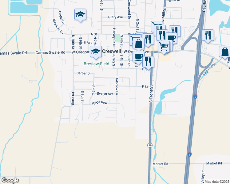 map of restaurants, bars, coffee shops, grocery stores, and more near 508 Evelyn Avenue in Creswell