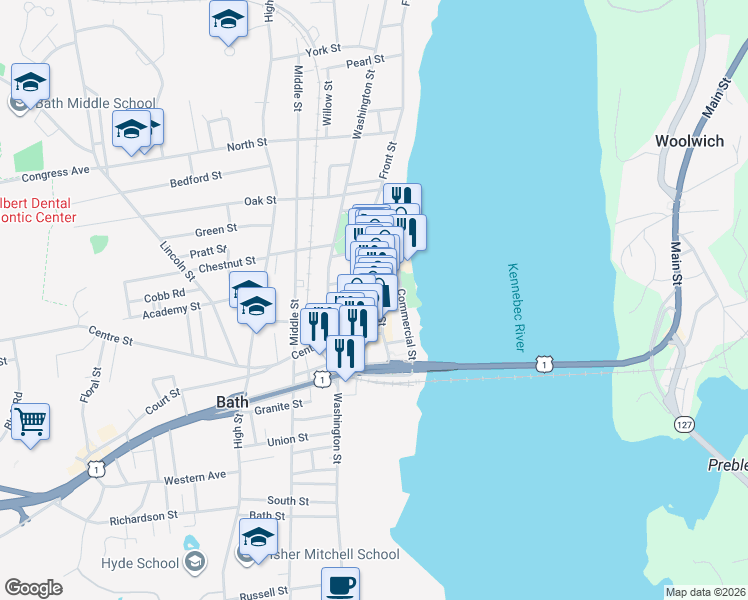 map of restaurants, bars, coffee shops, grocery stores, and more near 126 Front Street in Bath