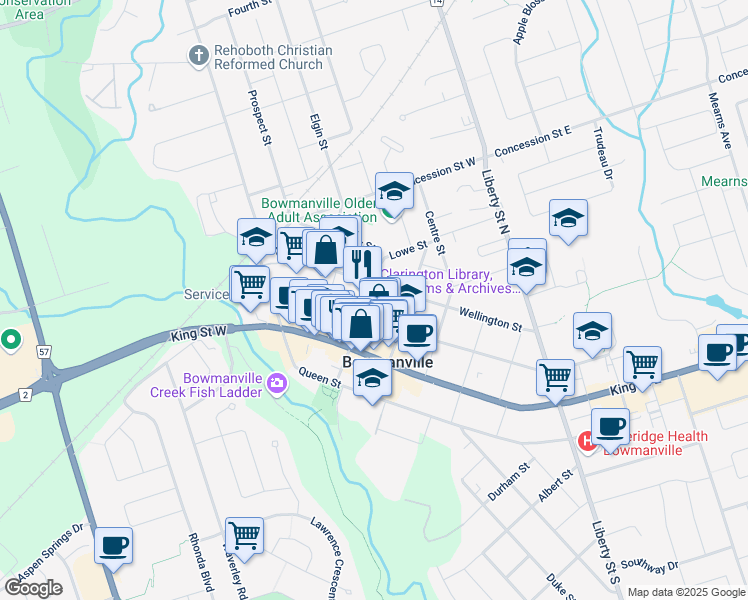map of restaurants, bars, coffee shops, grocery stores, and more near in Bowmanville