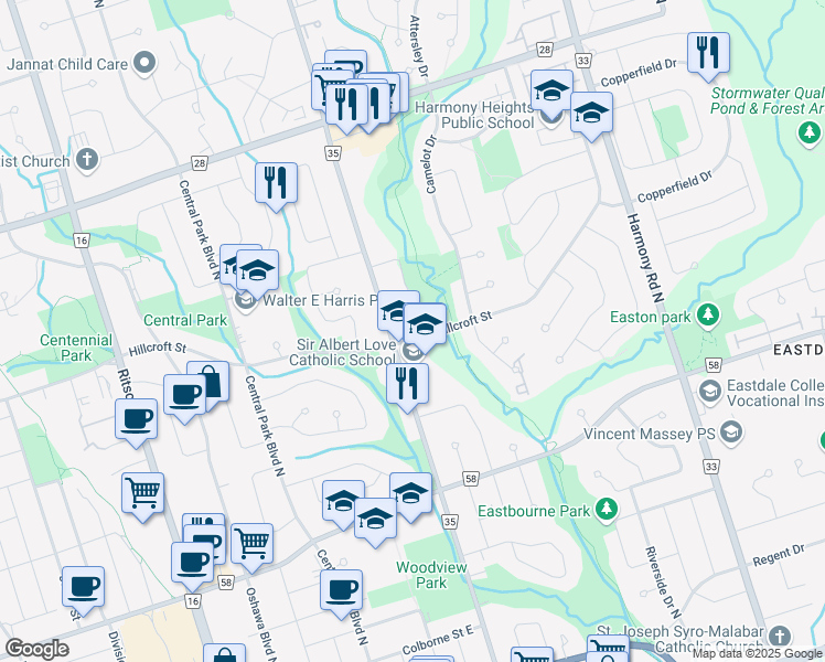 map of restaurants, bars, coffee shops, grocery stores, and more near 582 Hillcroft Street in Oshawa