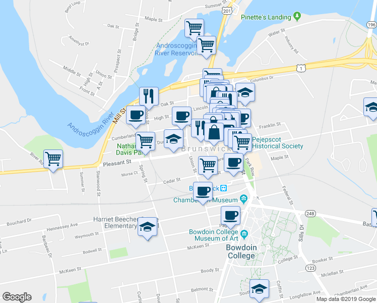 map of restaurants, bars, coffee shops, grocery stores, and more near Union Street in Brunswick