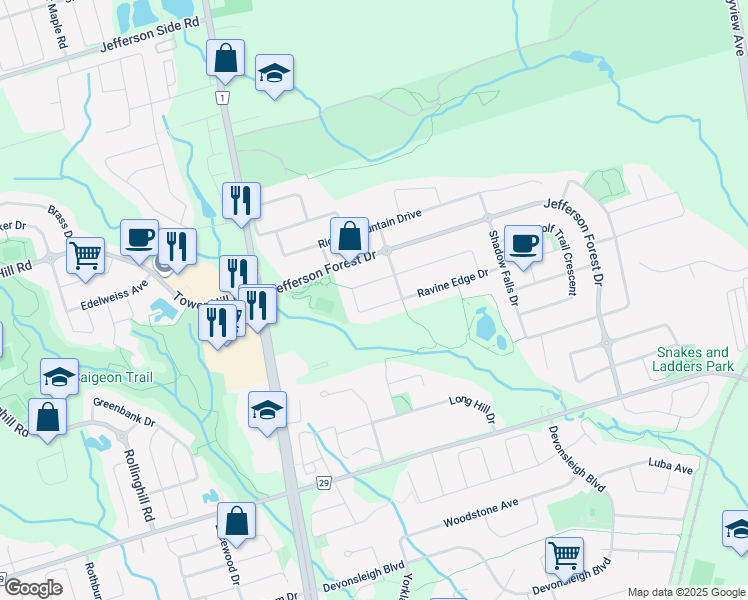 map of restaurants, bars, coffee shops, grocery stores, and more near 55 Ravine Edge Drive in Richmond Hill