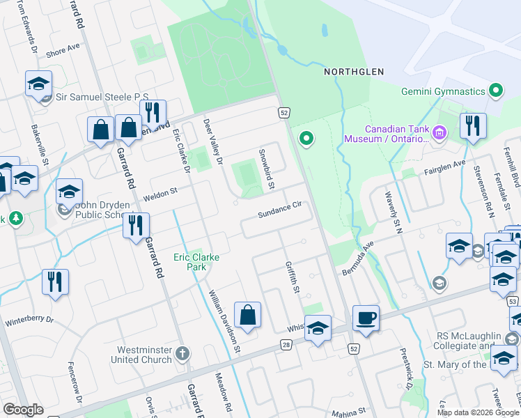 map of restaurants, bars, coffee shops, grocery stores, and more near in Oshawa