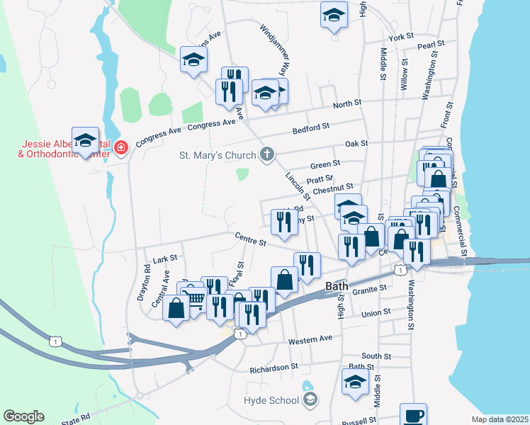 map of restaurants, bars, coffee shops, grocery stores, and more near 7 Dike Road in Bath