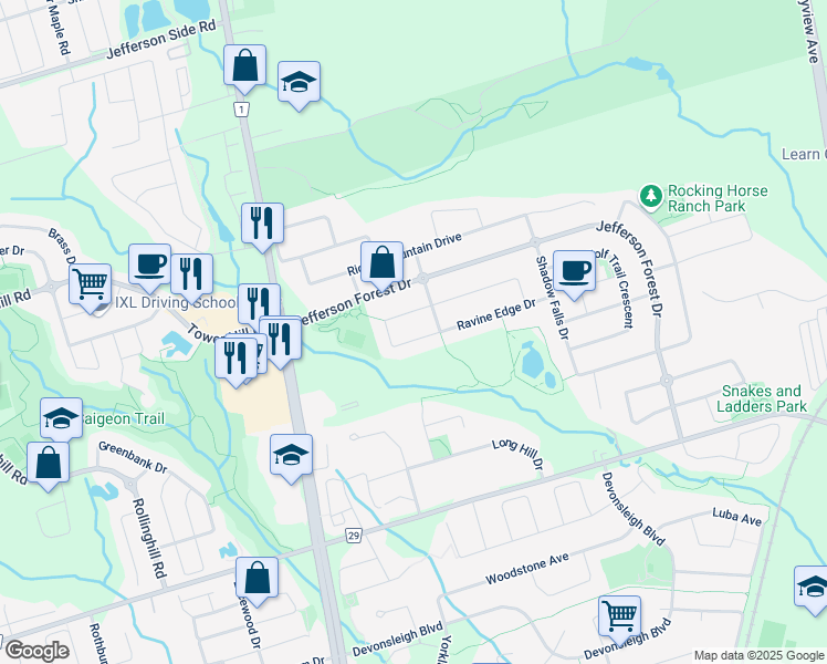 map of restaurants, bars, coffee shops, grocery stores, and more near 57 Ravine Edge Drive in Richmond Hill