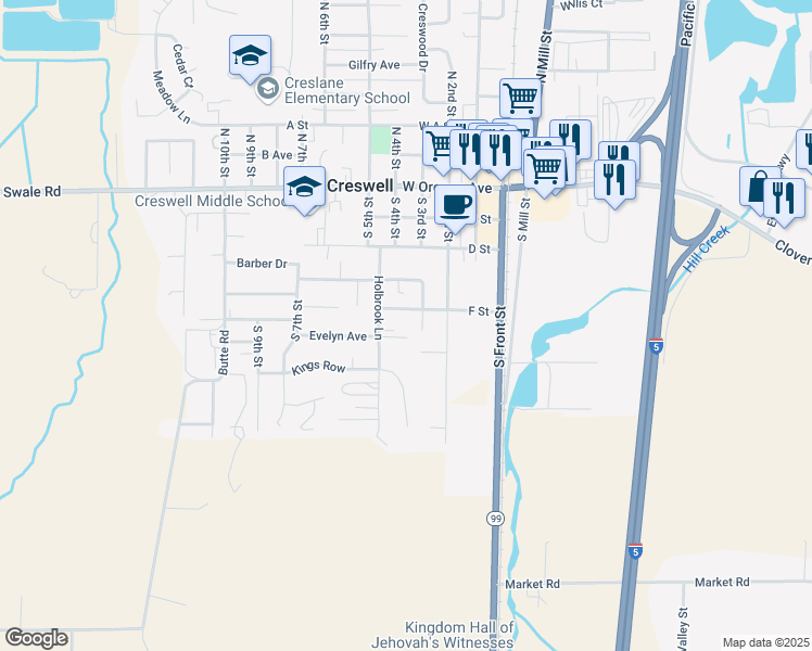 map of restaurants, bars, coffee shops, grocery stores, and more near 239 West F Street in Creswell