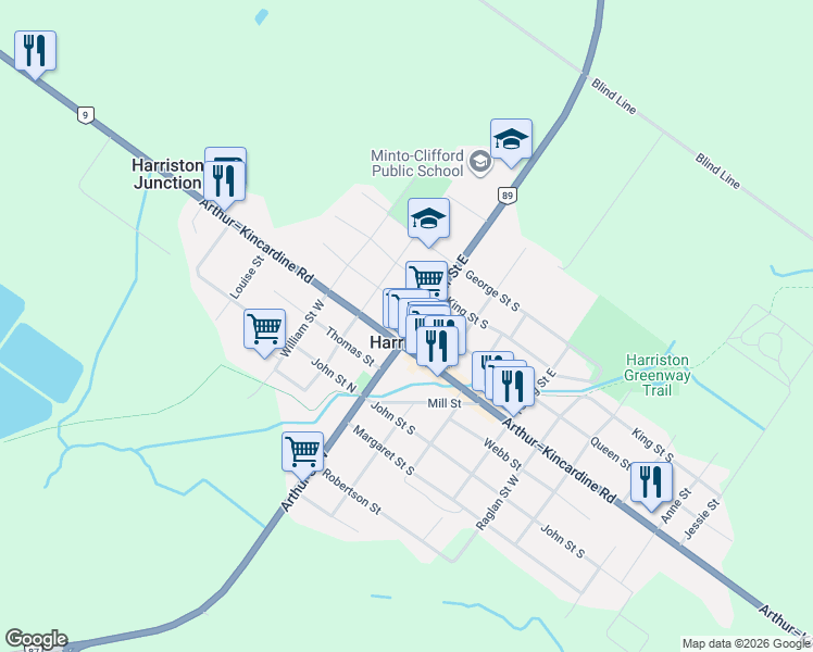 map of restaurants, bars, coffee shops, grocery stores, and more near 17 Arthur Street East in Harriston