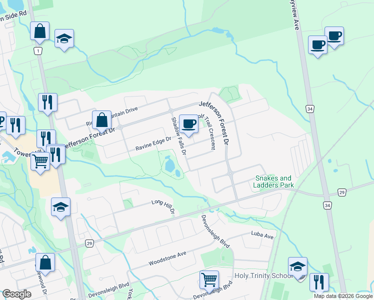 map of restaurants, bars, coffee shops, grocery stores, and more near 5 Lauren Beth Drive in Richmond Hill