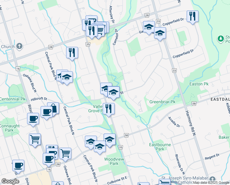 map of restaurants, bars, coffee shops, grocery stores, and more near 582 Hillcroft Street in Oshawa