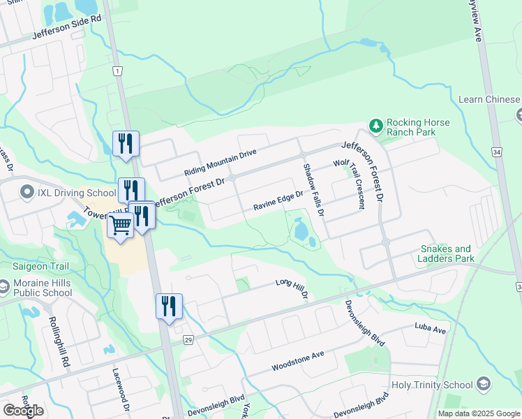 map of restaurants, bars, coffee shops, grocery stores, and more near 80 Ravine Edge Drive in Richmond Hill