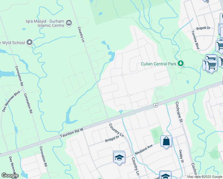 map of restaurants, bars, coffee shops, grocery stores, and more near 47 Brabin Circle in Whitby