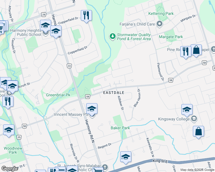 map of restaurants, bars, coffee shops, grocery stores, and more near 321 Blackthorn Street in Oshawa