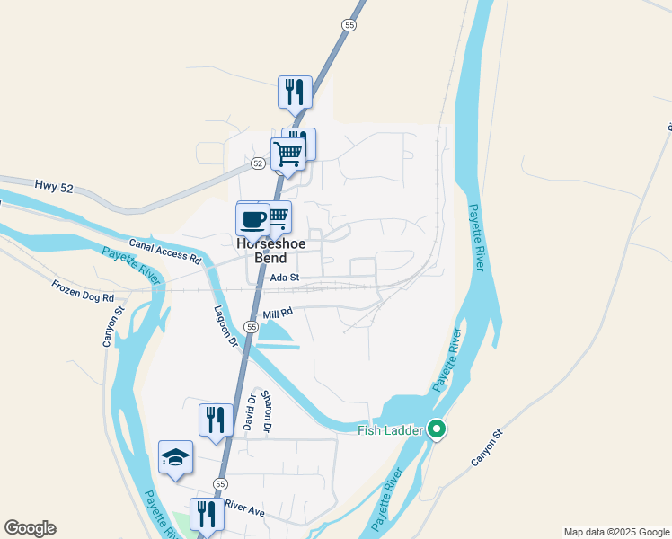 map of restaurants, bars, coffee shops, grocery stores, and more near 126 Ada Street in Horseshoe Bend