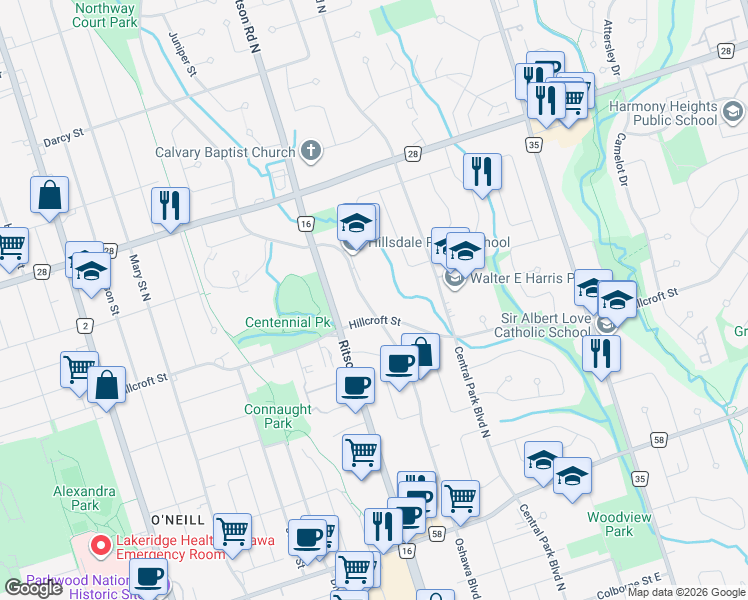 map of restaurants, bars, coffee shops, grocery stores, and more near 507 Oshawa Boulevard North in Oshawa