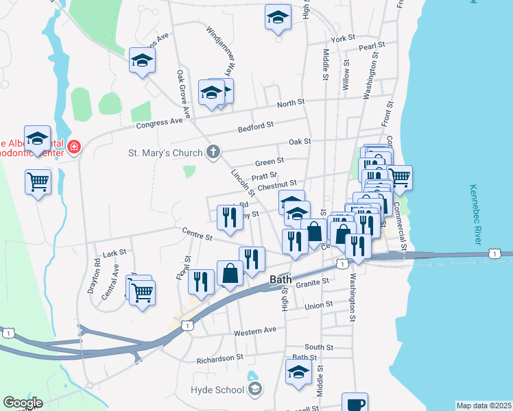 map of restaurants, bars, coffee shops, grocery stores, and more near 2 Cobb Road in Bath