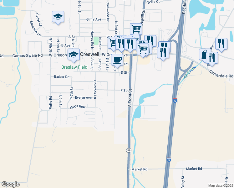 map of restaurants, bars, coffee shops, grocery stores, and more near 99 F Street in Creswell