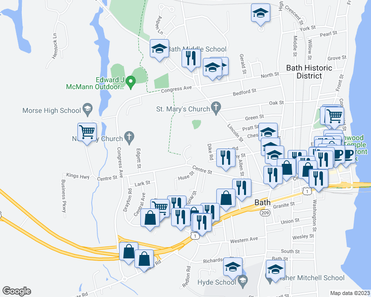 map of restaurants, bars, coffee shops, grocery stores, and more near 303 Centre St in Bath