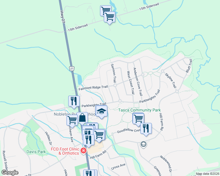 map of restaurants, bars, coffee shops, grocery stores, and more near 43 Fairmont Ridge Trail in Nobleton