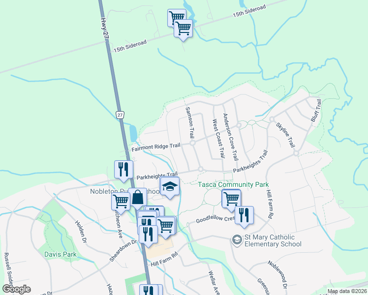 map of restaurants, bars, coffee shops, grocery stores, and more near 18 Samson Trail in Nobleton